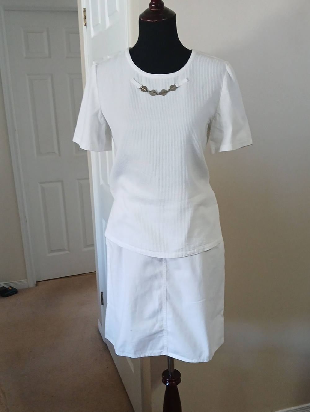 Vintage Cotton White Women's Casual A-Line Skirt & Top  Set